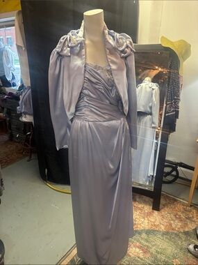 Elegant Lilac Satin Maxi Dress with Coordinating Jacket
